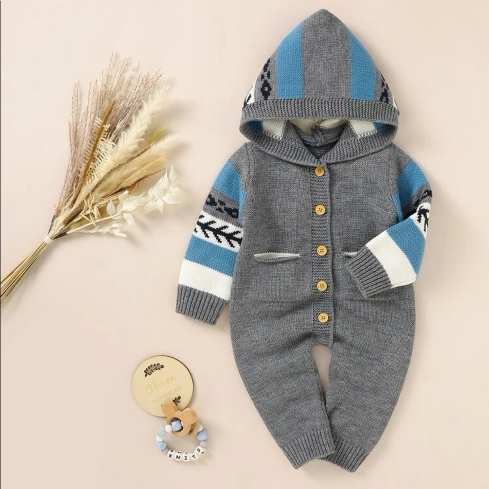 Gray And Blue Knit Sweater Hoodies Baby Romper